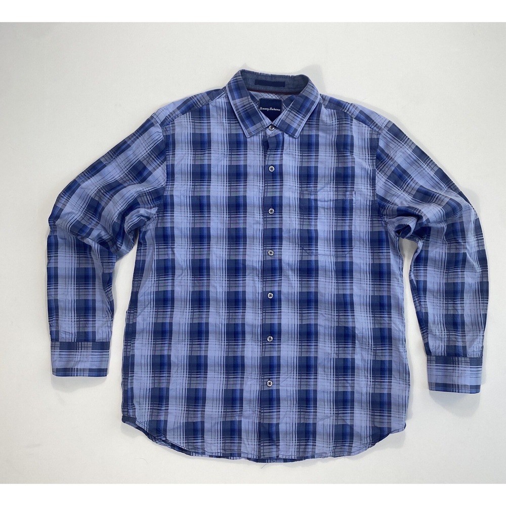 Tommy Bahama Mens Large Silk Button Shirt Blue Plaid Modern Casual Lightweight